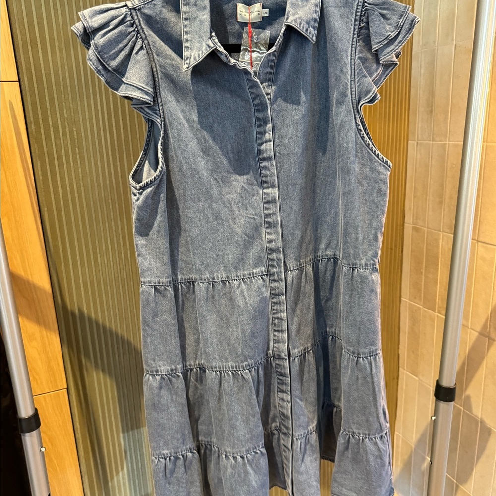 Alice + Olivia Blue Denim Ruffle Sleeve Dress